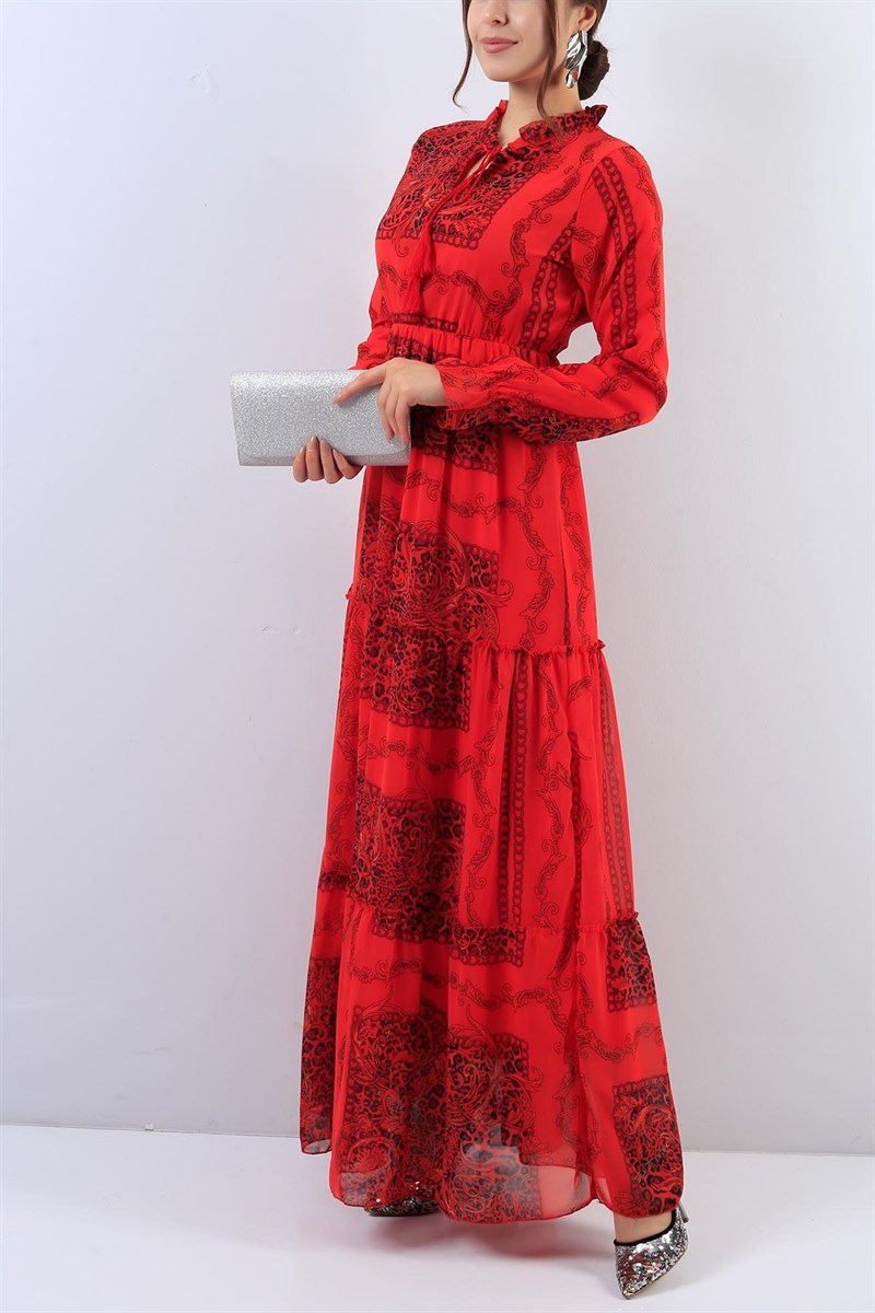 Beli Lastikli Kırmızı Elbise 17963B