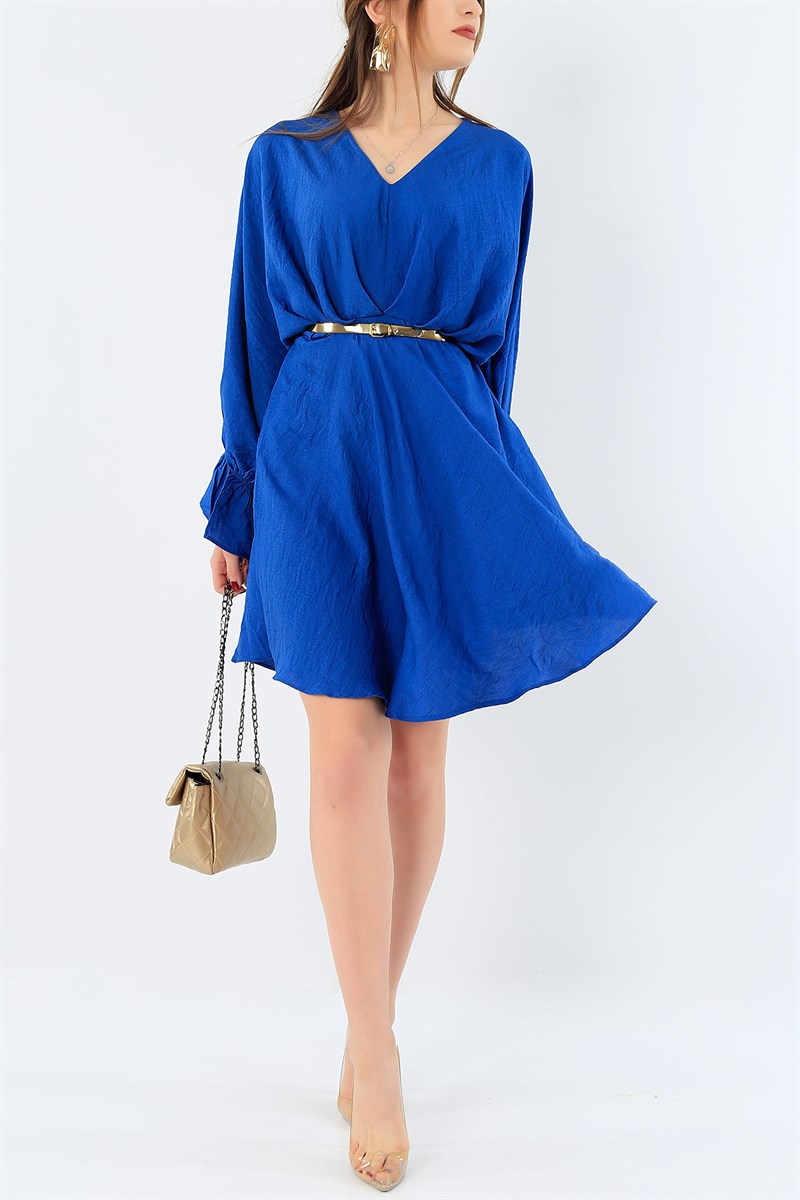 Beli Lastikli Pile Detay Mavi Elbise 29254B