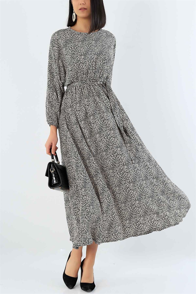 Beli Lastikli Siyah Desenli Elbise 29029B