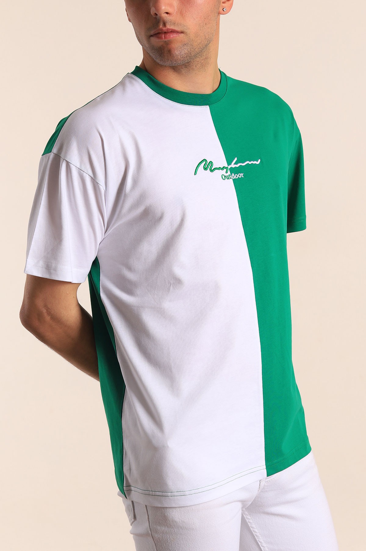 Benetton Yeşili Beyaz Oversize Nakışlı  Erkek Tişört 184246