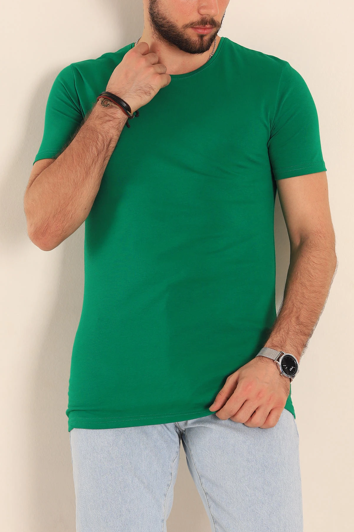 Benetton Yeşili Düz Kesim Basic Erkek Tişört 172947