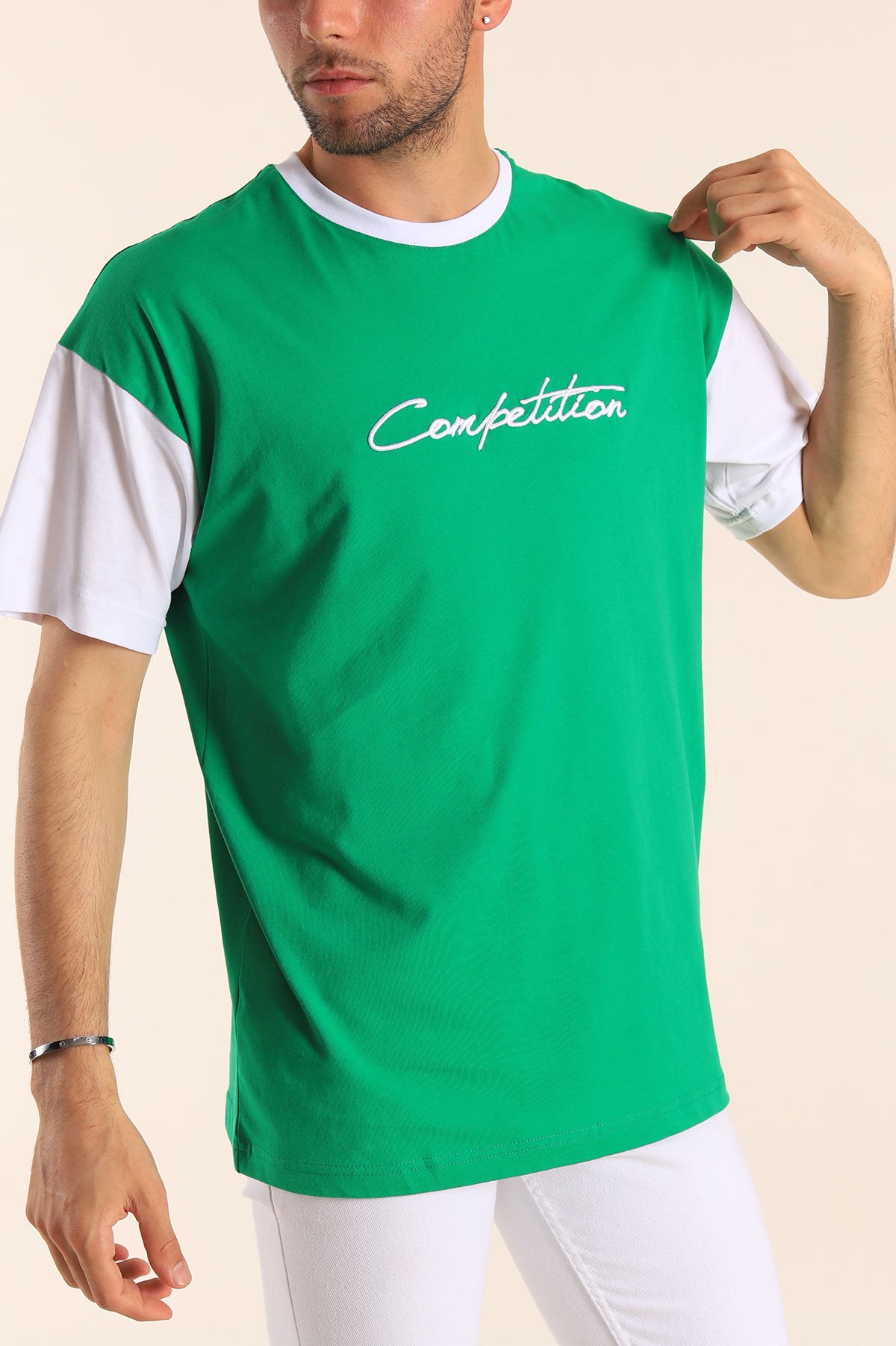 Benetton Yeşili Oversize Competition Nakış Yazılı Erkek Tişört 184284