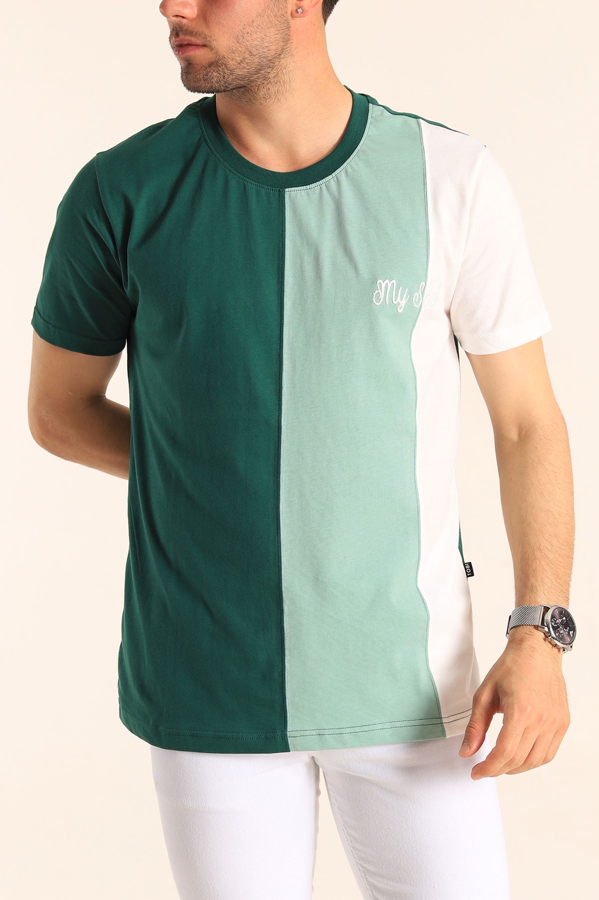 Benetton Yeşili Regular Fit Dikey Şeritli Erkek Tişört 182287