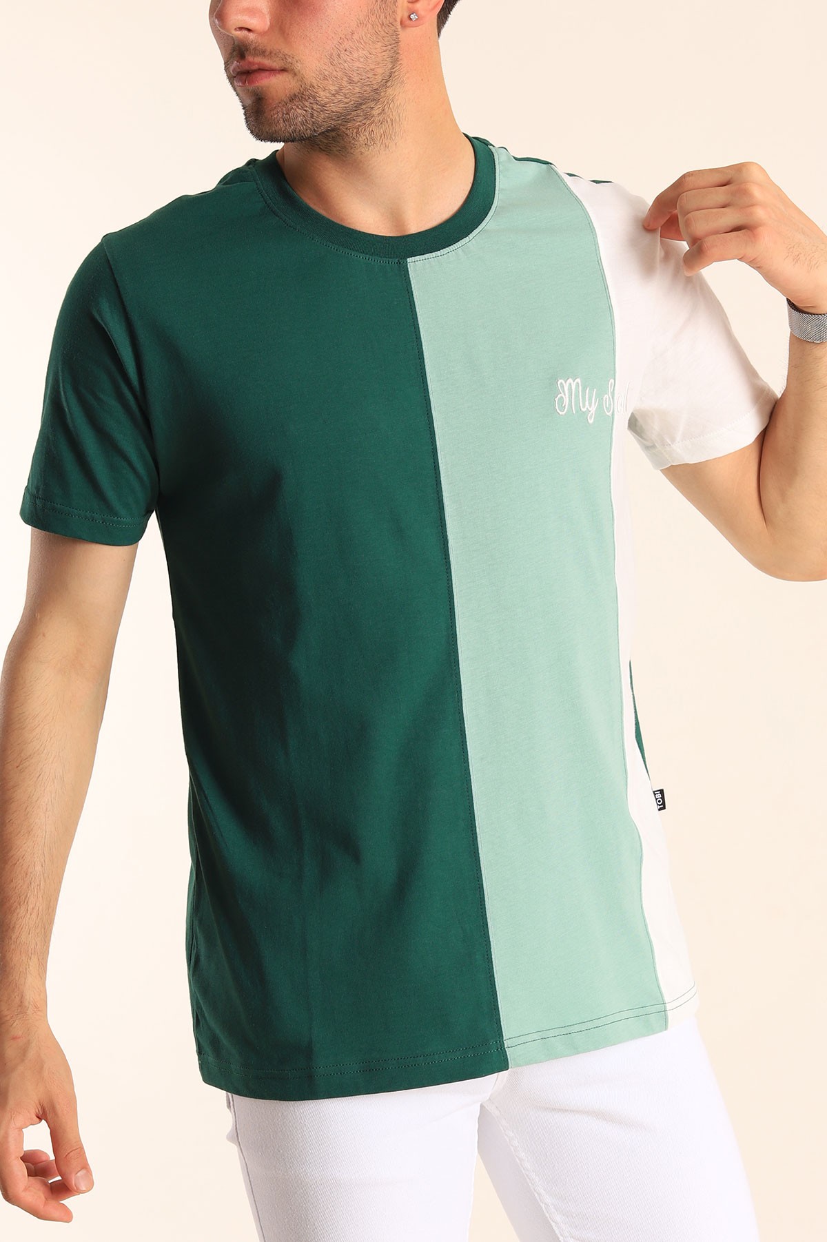Benetton Yeşili Regular Fit Dikey Şeritli Erkek Tişört 182287