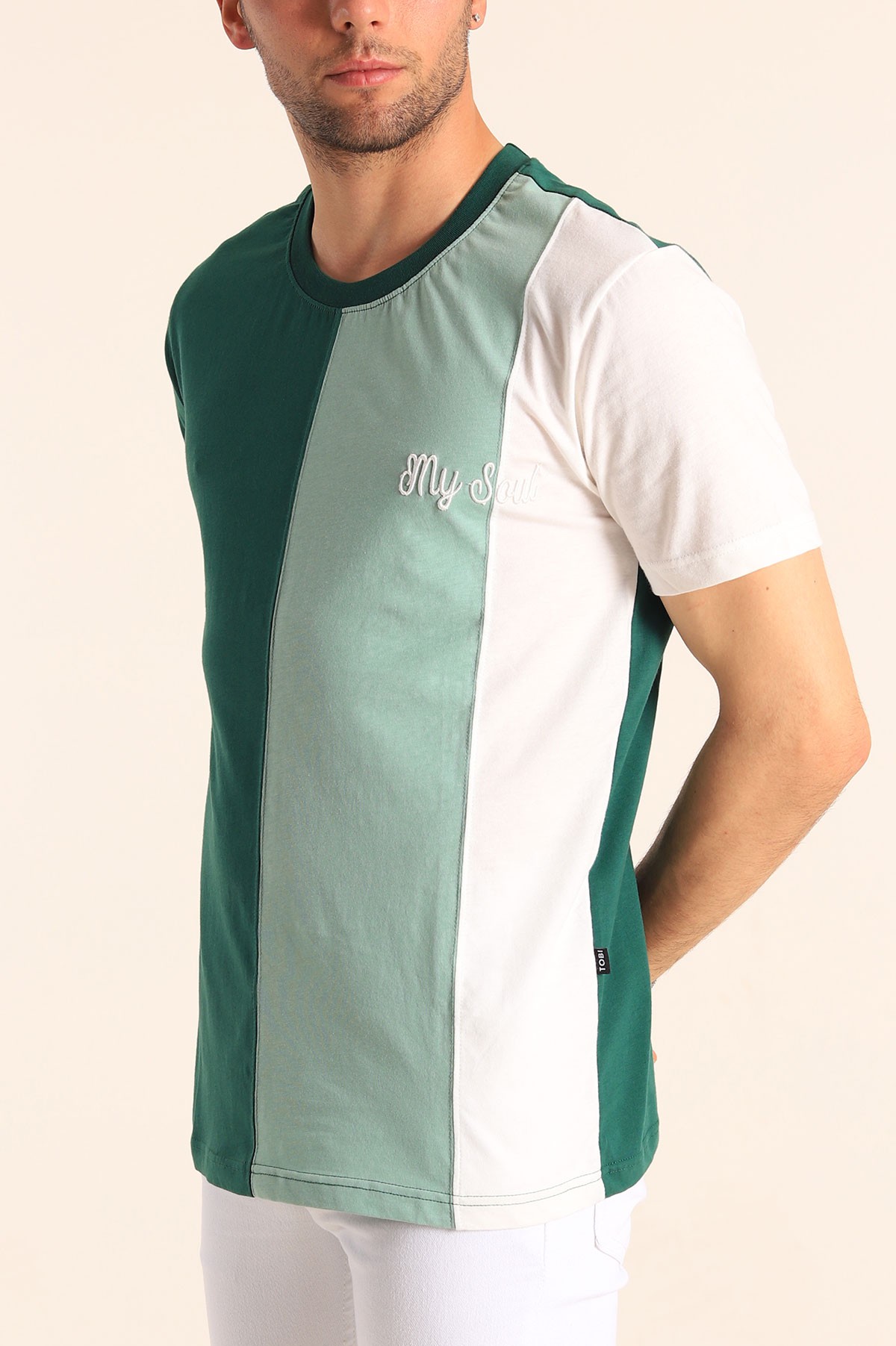 Benetton Yeşili Regular Fit Dikey Şeritli Erkek Tişört 182287
