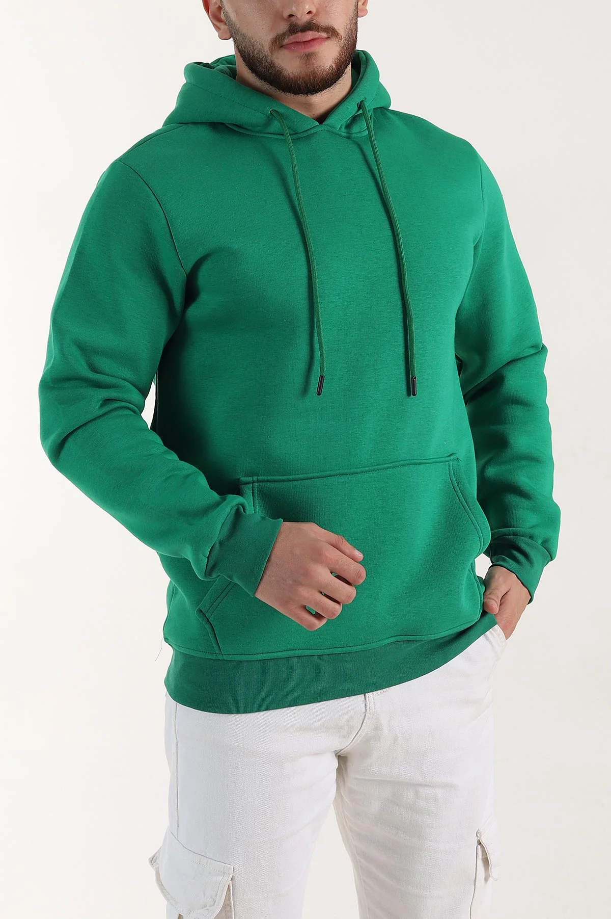 Benetton Yeşili Regular Fit Üç İp Şardonlu Erkek Kapüşonlu Basic Sweatshirt 400529