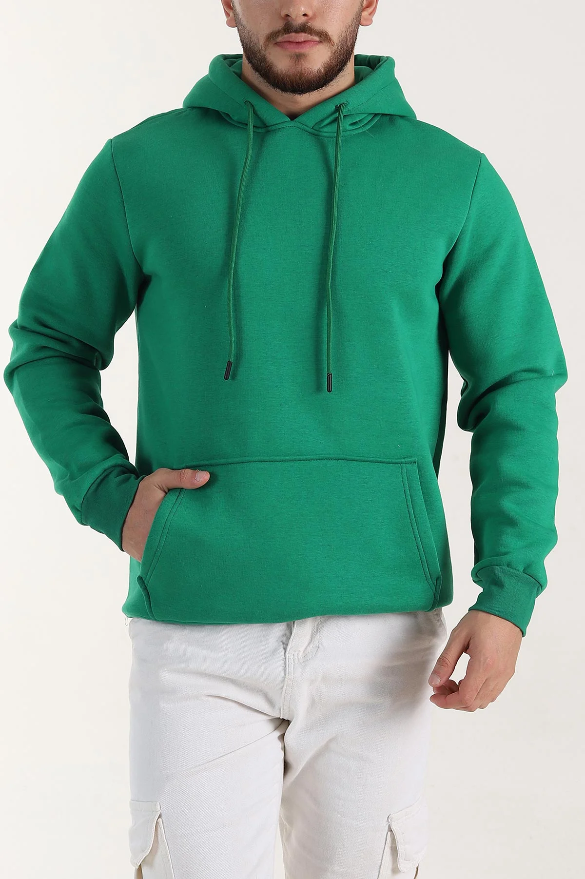 Benetton Yeşili Regular Fit Üç İp Şardonlu Erkek Kapüşonlu Basic Sweatshirt 400529