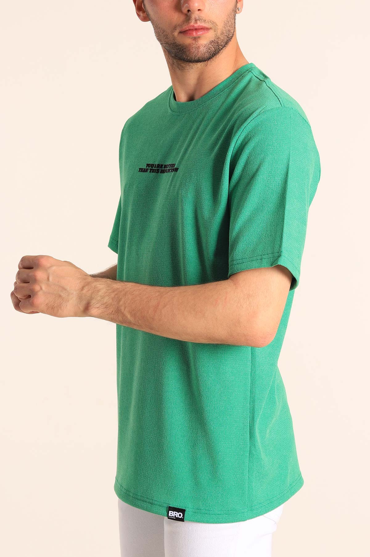 Benetton Yeşili Relaxed Fit Dokulu Slogan Baskılı Erkek Tişört 186770
