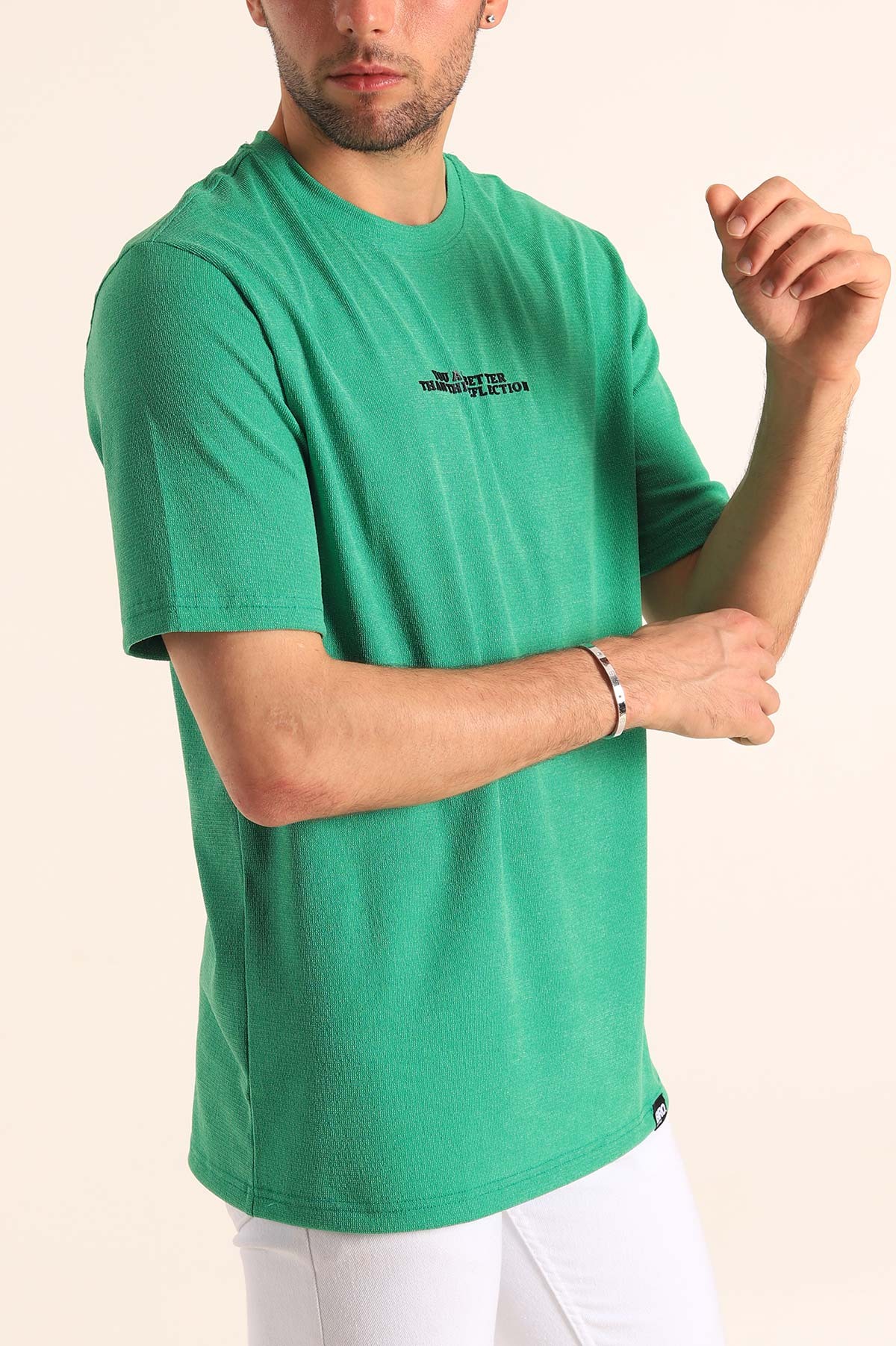 Benetton Yeşili Relaxed Fit Dokulu Slogan Baskılı Erkek Tişört 186770