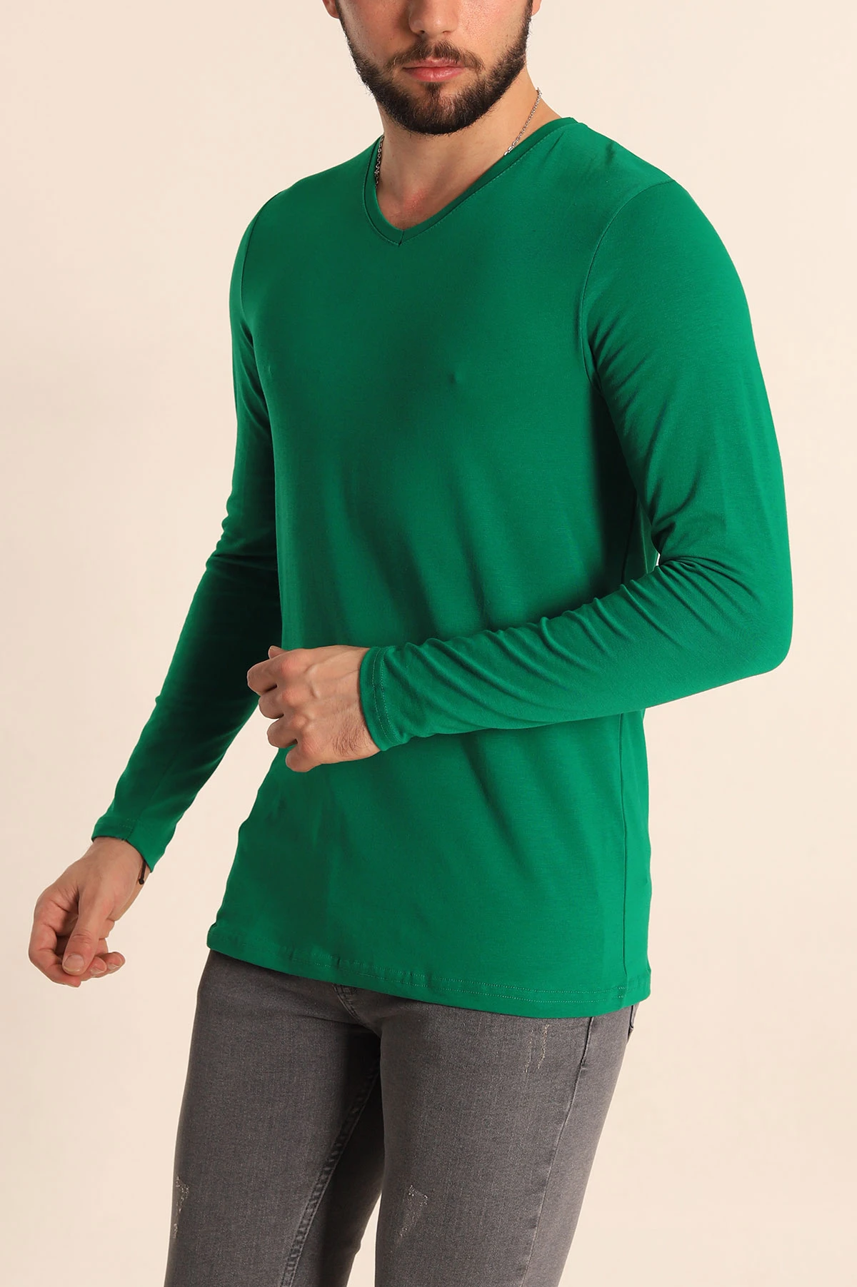 Benetton Yeşili Slim Fit V Yaka Likralı Basic Erkek Sweatshirt 234987