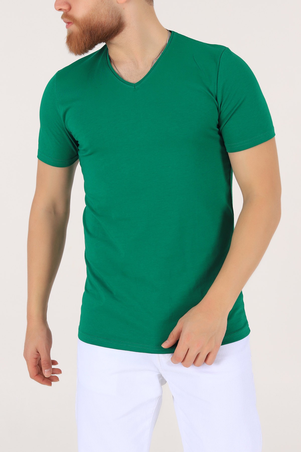 Benetton Yeşili V Yaka Basic Erkek Tişört 172976