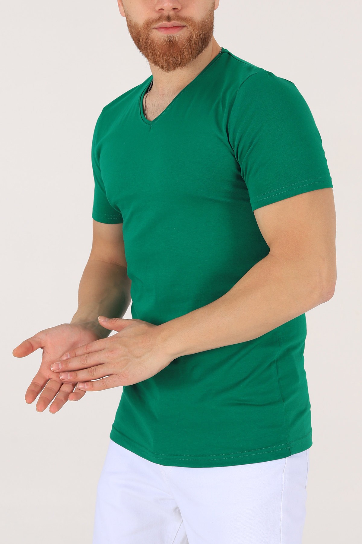 Benetton Yeşili V Yaka Basic Erkek Tişört 172976