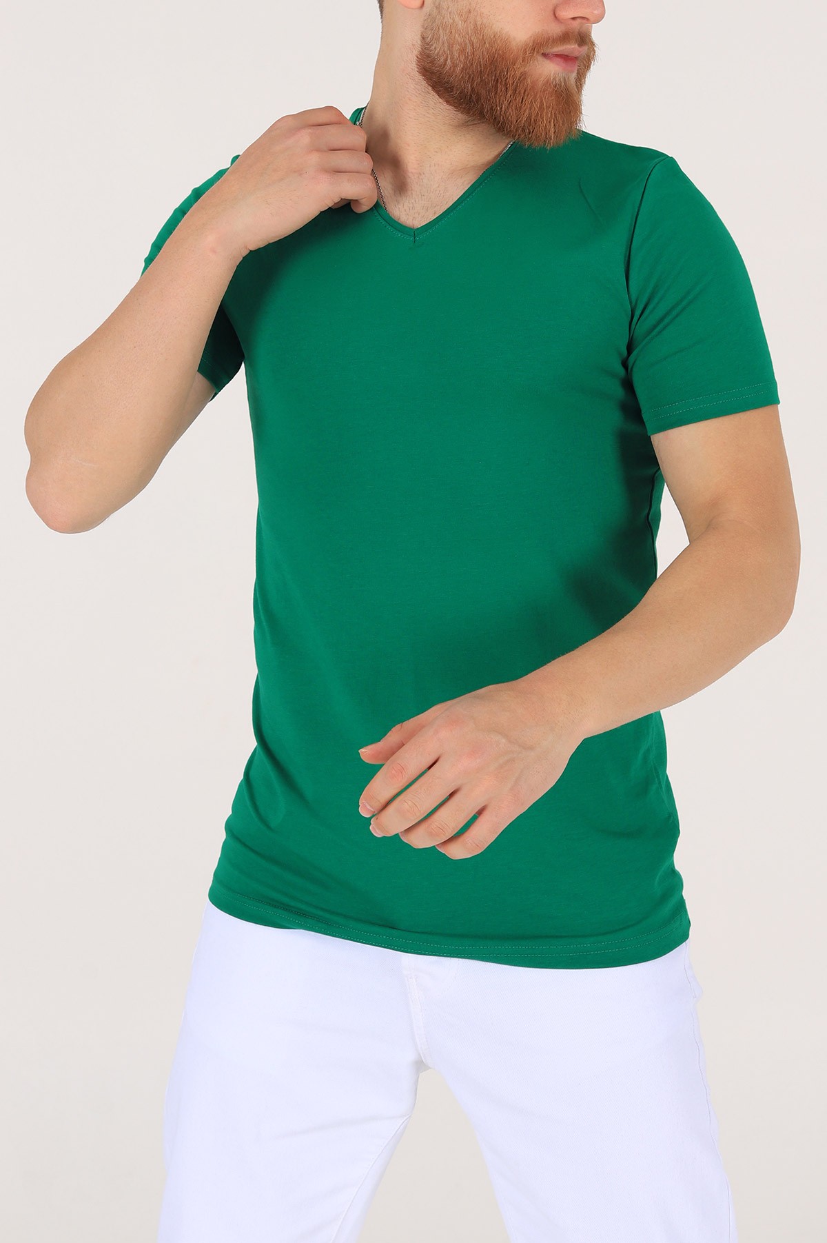 Benetton Yeşili V Yaka Basic Erkek Tişört 172976