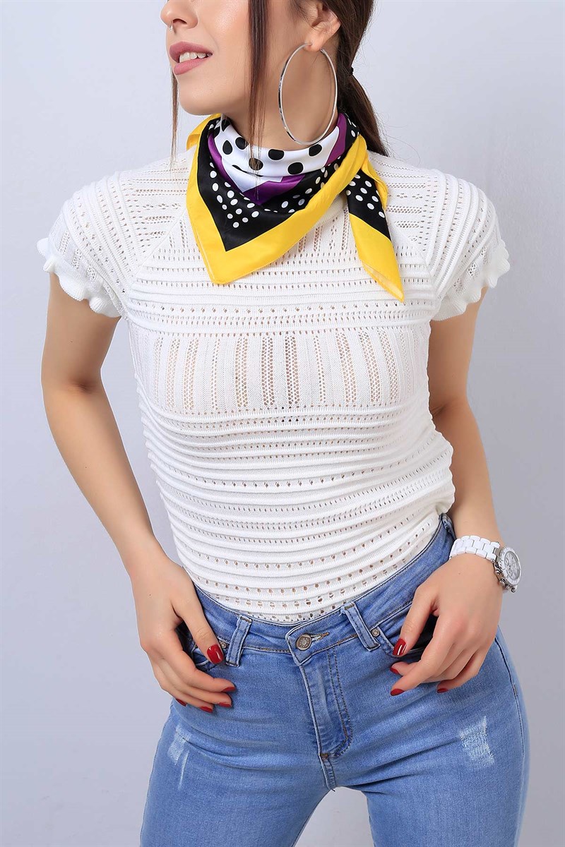 Beyaz  Bayan Yazlık Örme Bluz 13377B