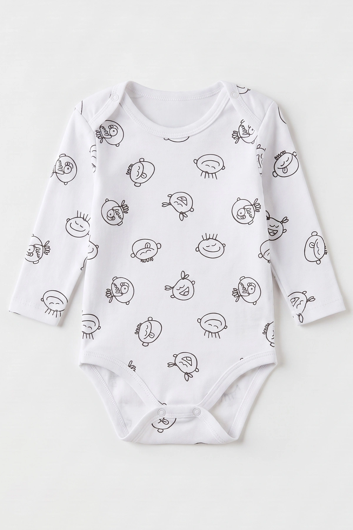 Beyaz (0-3 Yaş)  Sevimli Surat Desenli Uzun Kol Bebek &Çocuk Çıtçıtlı Badi 492147