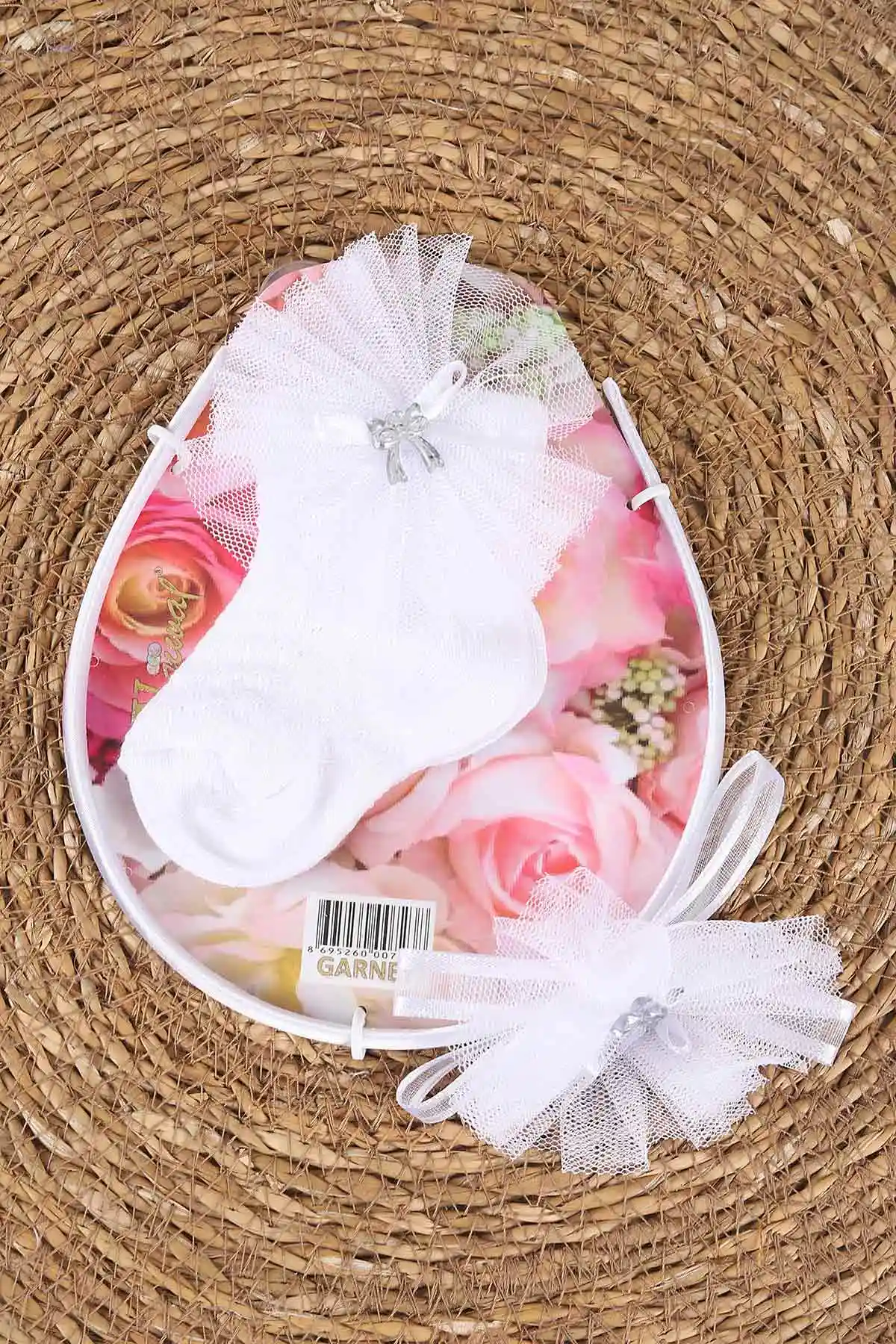Beyaz (0-6 Ay) Tüllü Fiyonklu Kız Bebek Taç ve Çorap Seti 467508