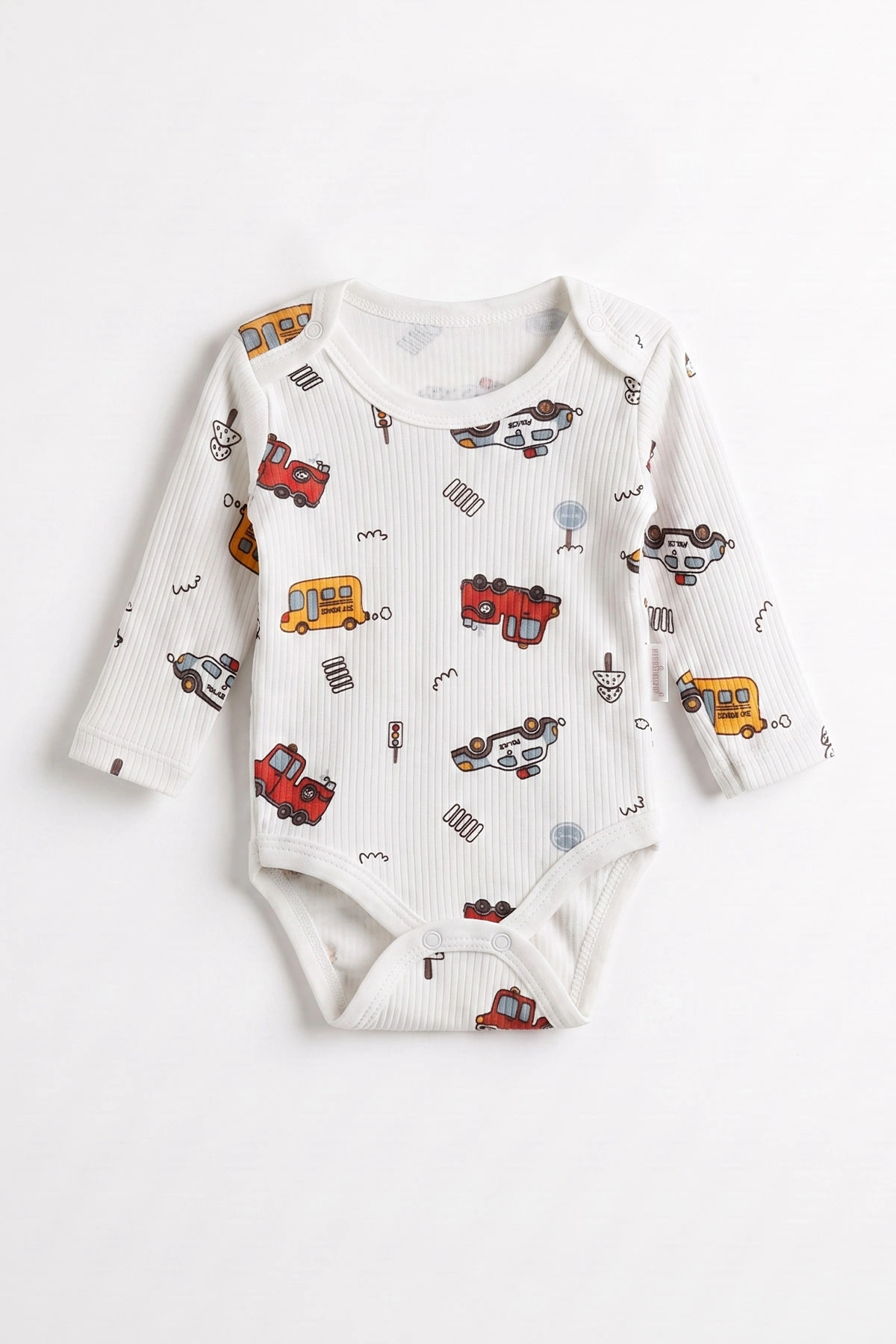 Beyaz (0-9 Ay )Arabalar Desenli  Uzun Kollu    Bebek & Çocuk Çıtçıtlı Badi 480361