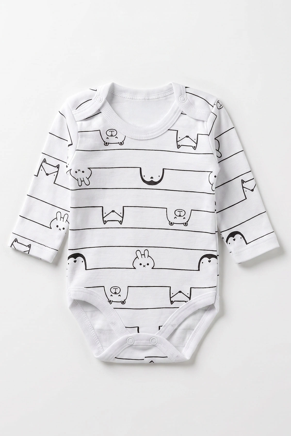 Beyaz (0-9 Ay) Çizgili Hayvan Desenli Bebek Çıtçıtlı Badi 482293