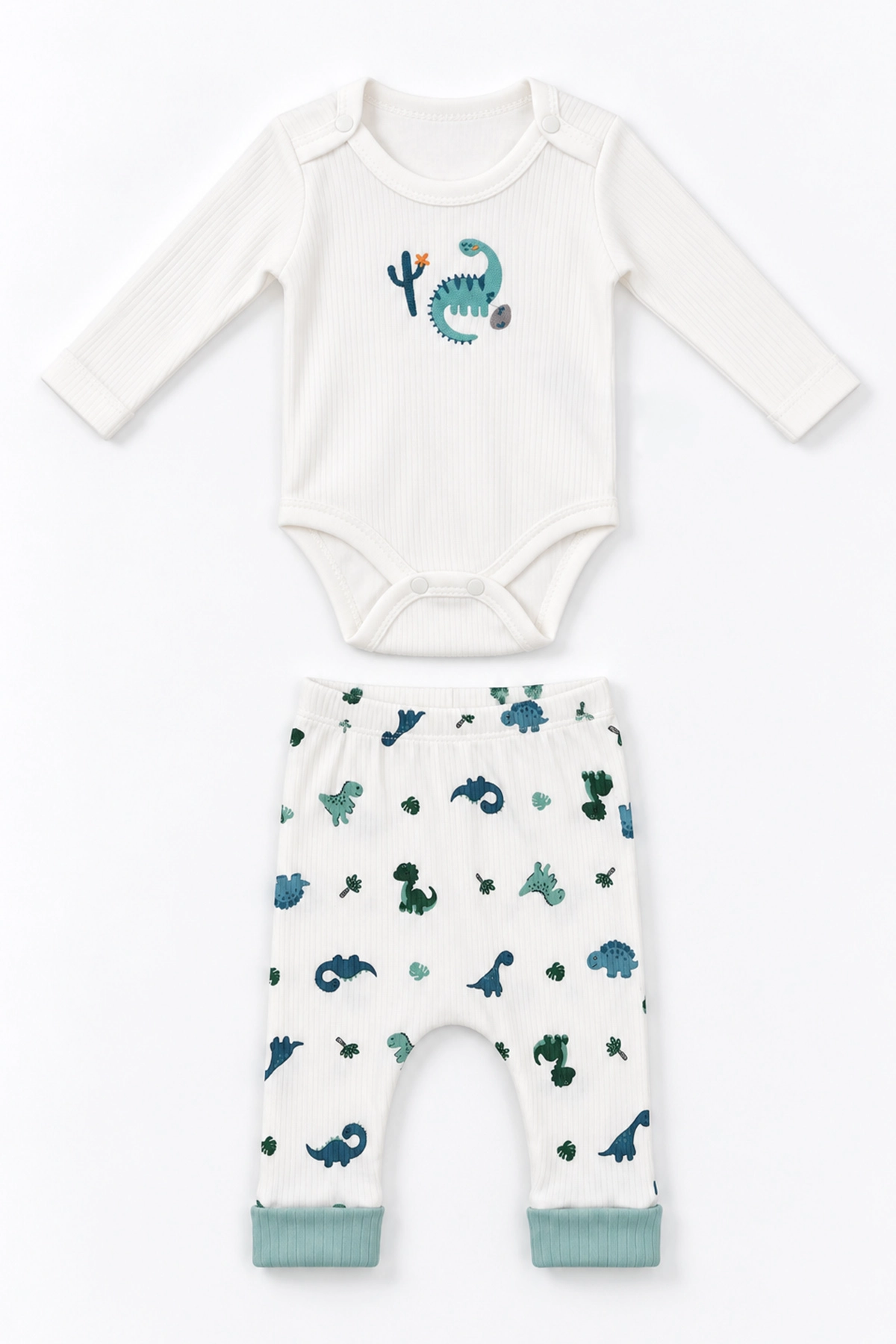 Beyaz (0-9 Ay) Dinozor Nakışlı Raporlu Erkek Bebek Takım 480455