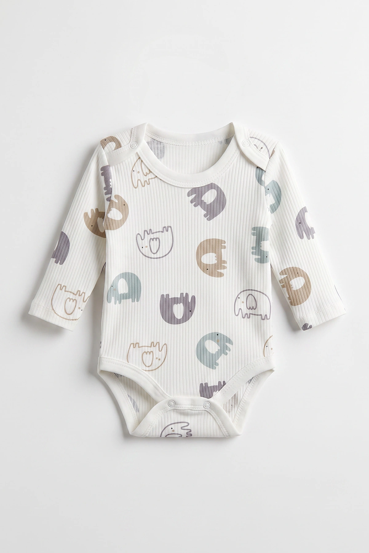 Beyaz (0-9 Ay )Fil Desenli  Uzun Kollu    Bebek & Çocuk Çıtçıtlı Badi 480358