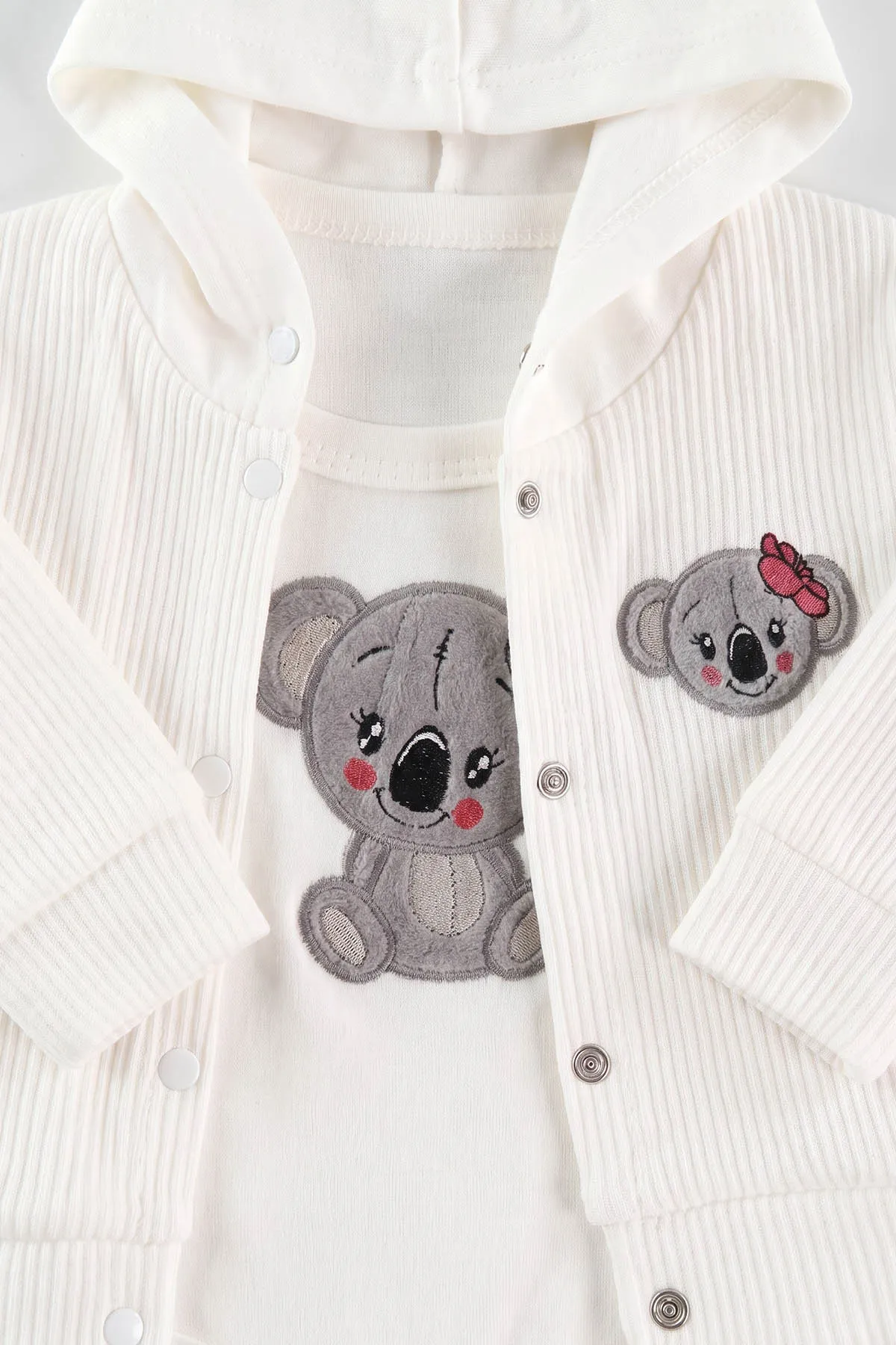 Beyaz (0-9 Ay) Koala Nakışlı Zıbınlı Hırkalı 3'lü Kız Bebek Takım 475961