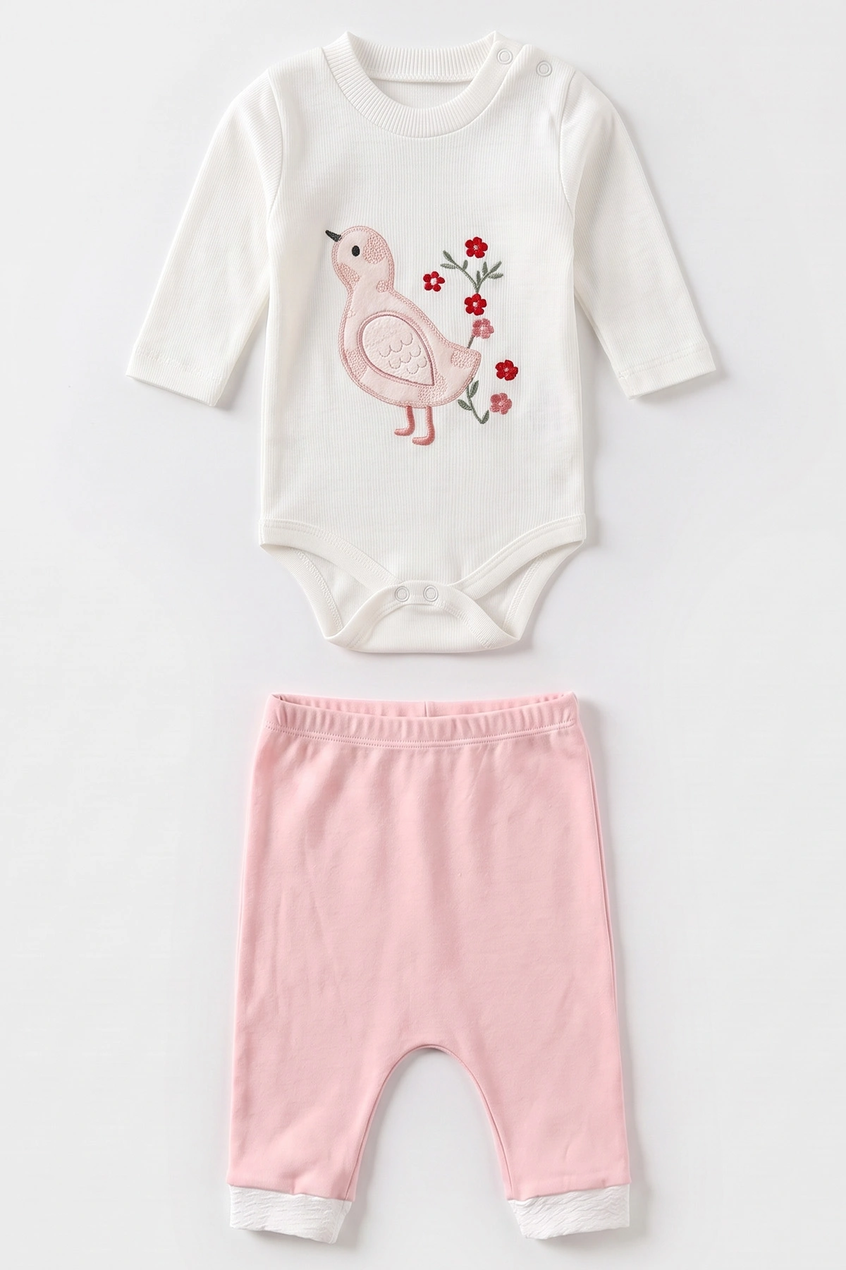 Beyaz (0-9 Ay) Kuş Nakışlı Zıbınlı Kapüşonlu Hırkalı Kız Bebek 3'lü Takım 476053