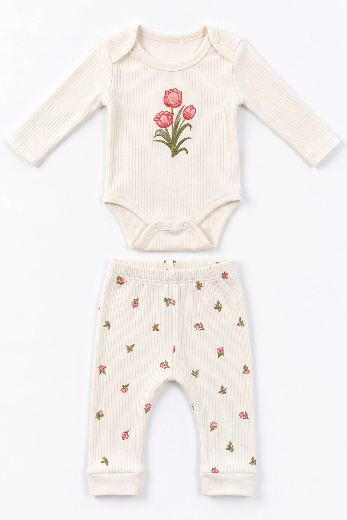 Beyaz (0-9 Ay) Lale Nakışlı   Kız Bebek Takım 480479