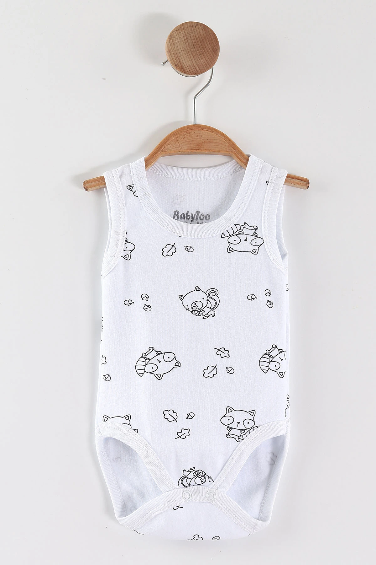 Beyaz (0-9 Ay) Rakun Desenli   Sıfır Kol Bebek Çıtçıtlı Badi 462998