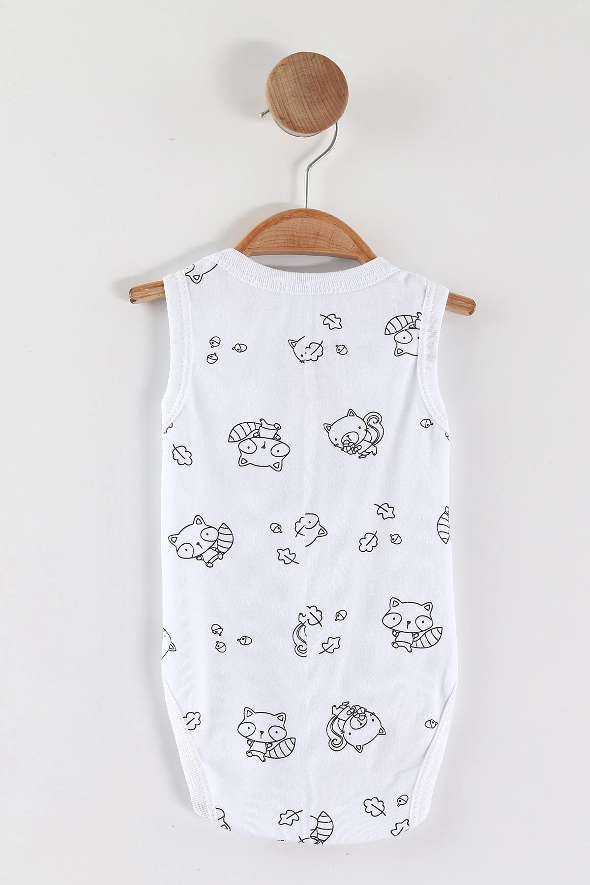 Beyaz (0-9 Ay) Rakun Desenli   Sıfır Kol Bebek Çıtçıtlı Badi 462998