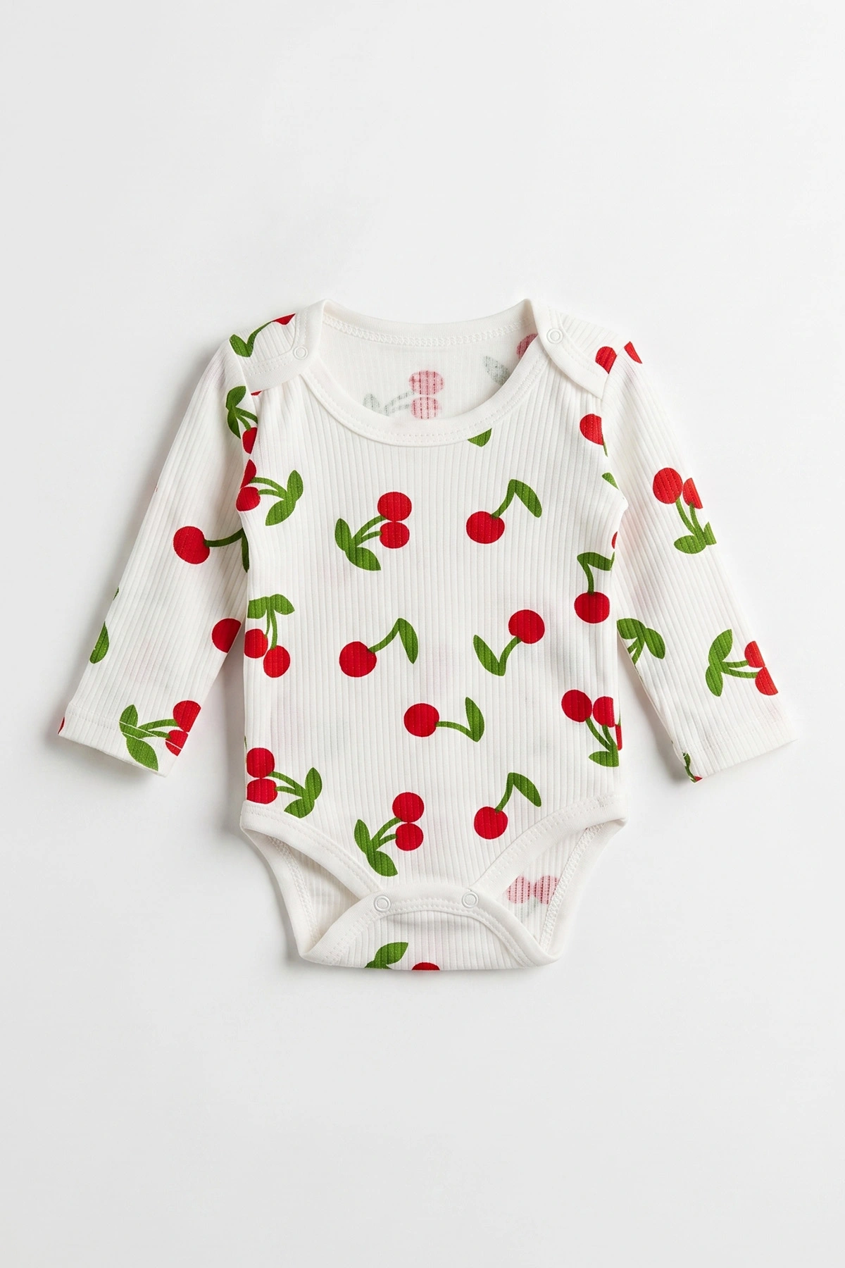 Beyaz (0-9 Ay )Raporlu Kiraz Desenli  Uzun Kollu Kız    Bebek & Çocuk Çıtçıtlı Badi 480383