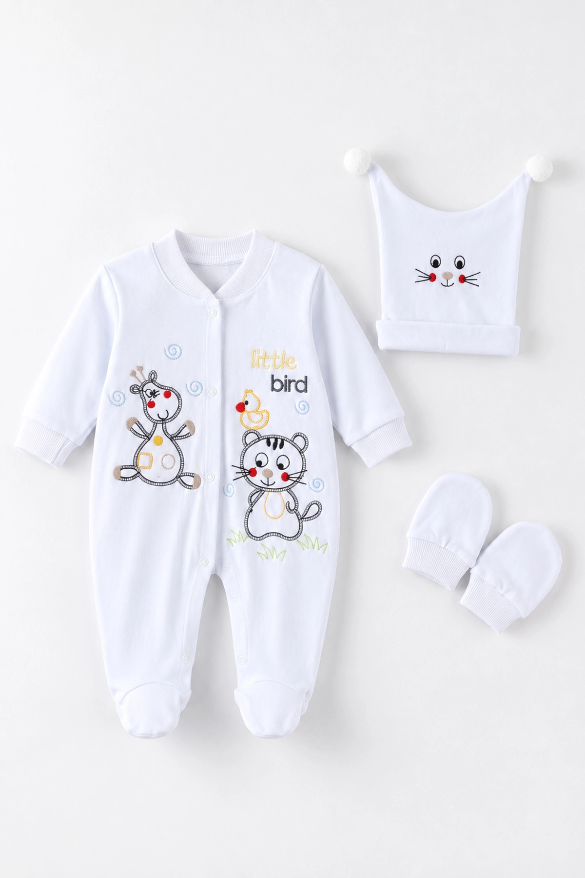 Beyaz (0-9 Ay) Sevimli Hayvanlar Nakışlı Şapkalı Eldivenli Penye Bebek Tulum 500415