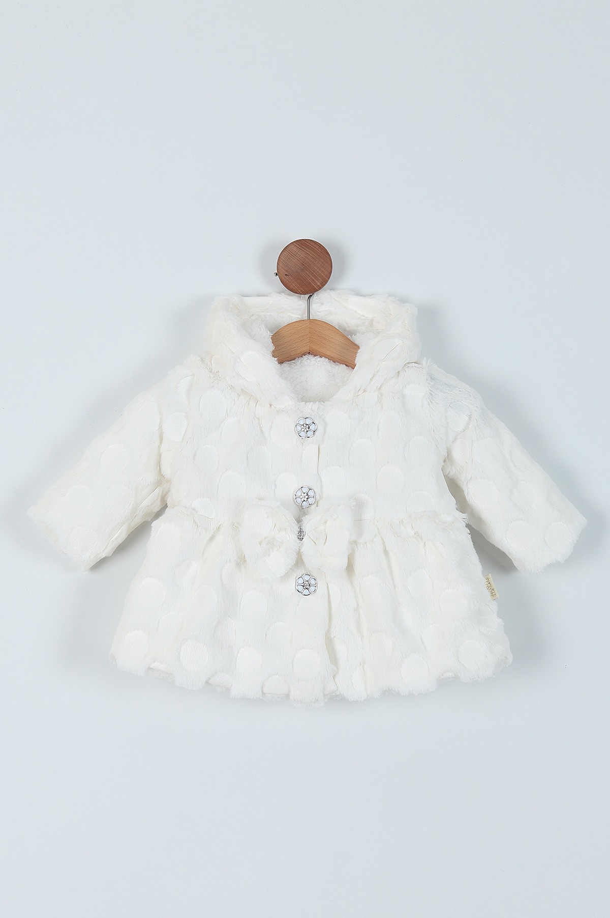 Beyaz (1-4 Yaş) Fiyonk Peluş Motifli Düğmeli İçi Kürklü Mont 216850