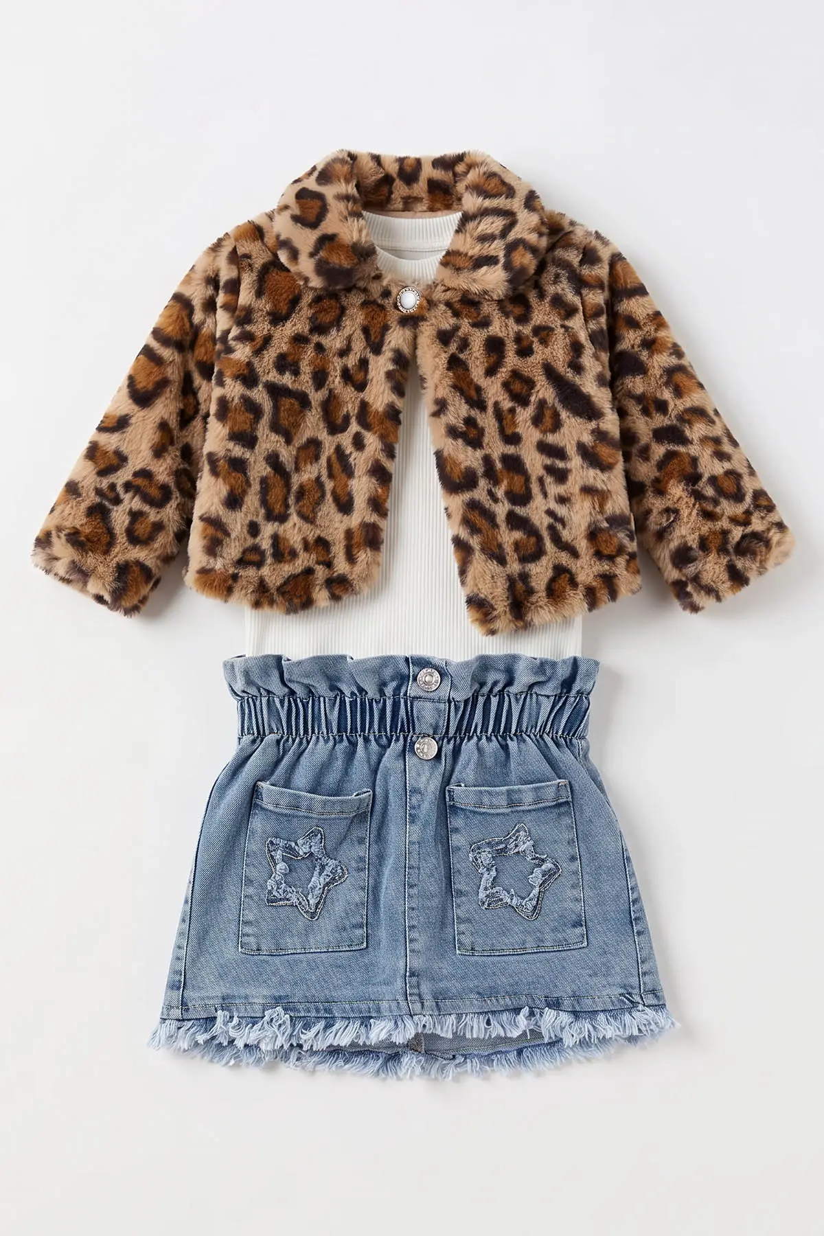 Beyaz (1-5 Yaş) Fitilli Bodyli Leopar Peluş Ceketli  Nakışlı Kot Etekli Kız Çocuk 3lü Takım 495748