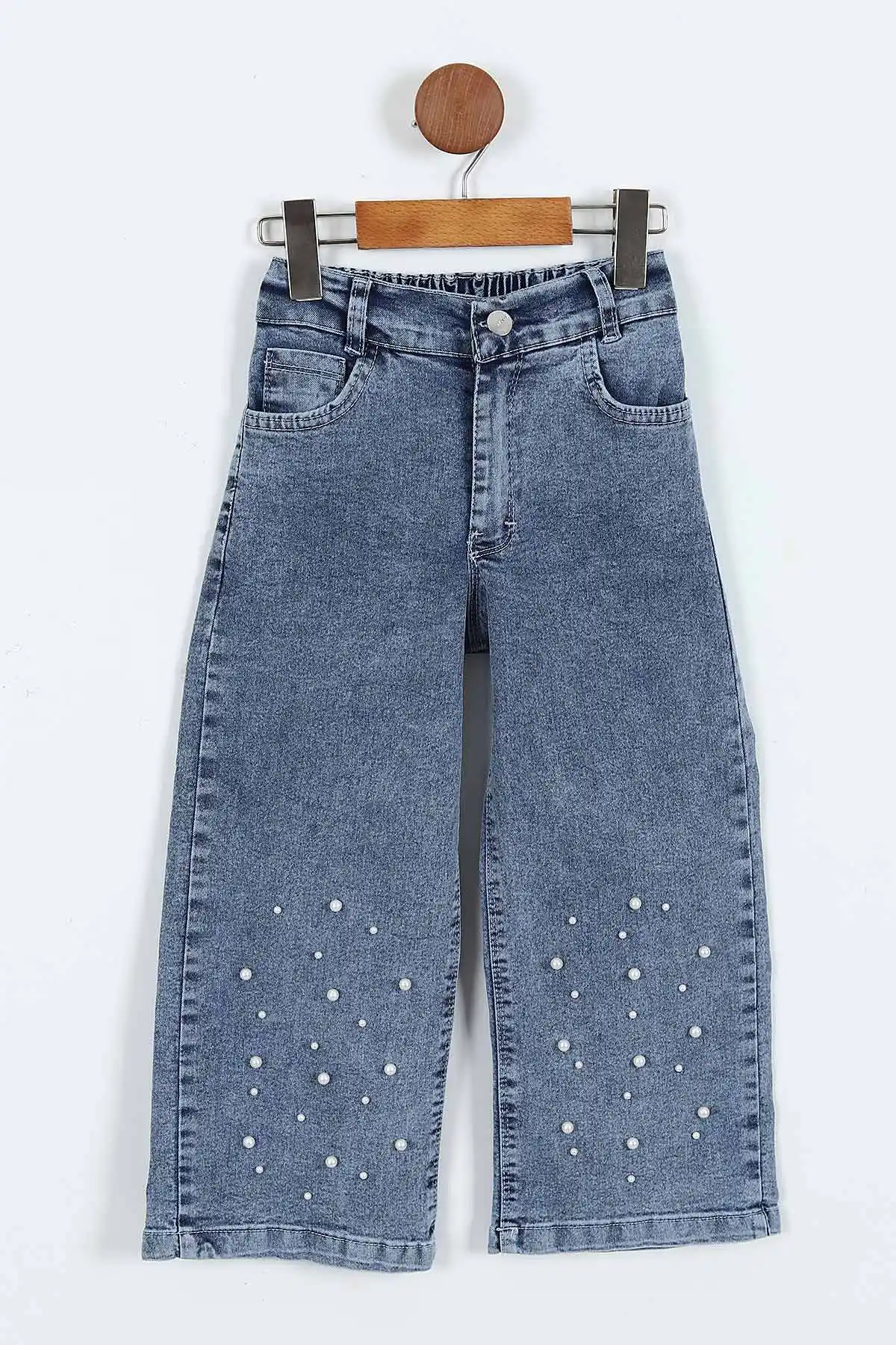 Beyaz (1-9 Yaş) İnci İşlemeli Kot Pantolonlu 2 İp Kız Çocuk Takım 413473