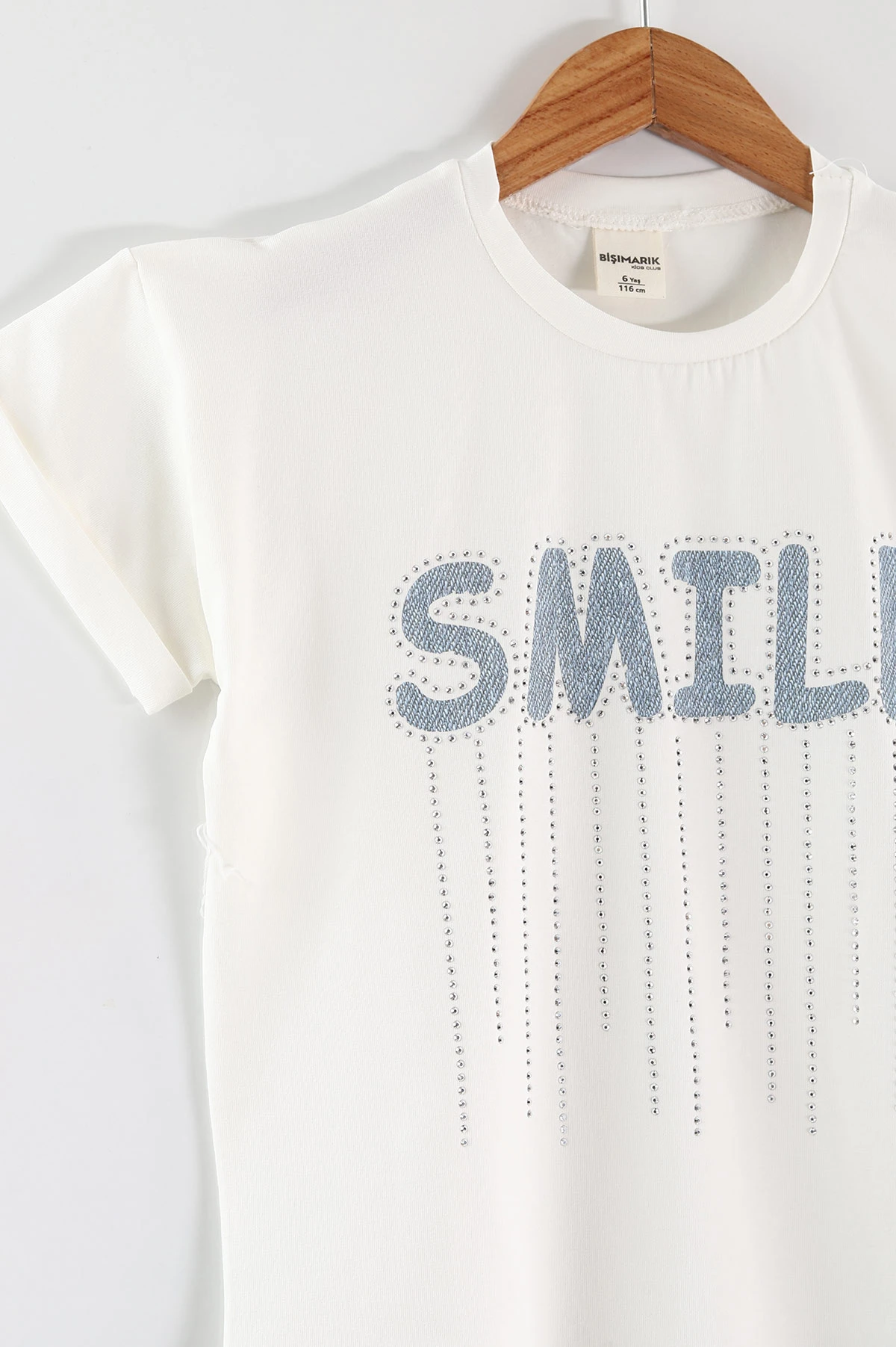 Beyaz (1-9 Yaş) Smile Nakışlı Taş Baskılı Tişörtlü Taşlı Kot Şortlu Kız Çocuk 2'li Takım 459530