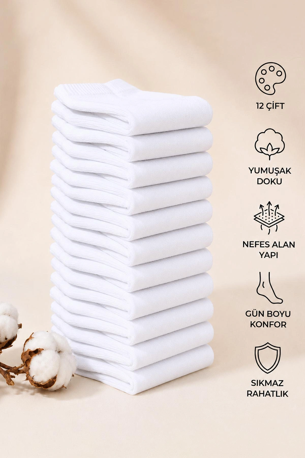 Beyaz 12'li Dört Mevsim Erkek Bambu Konç Patik Çorap (40-44) 465567