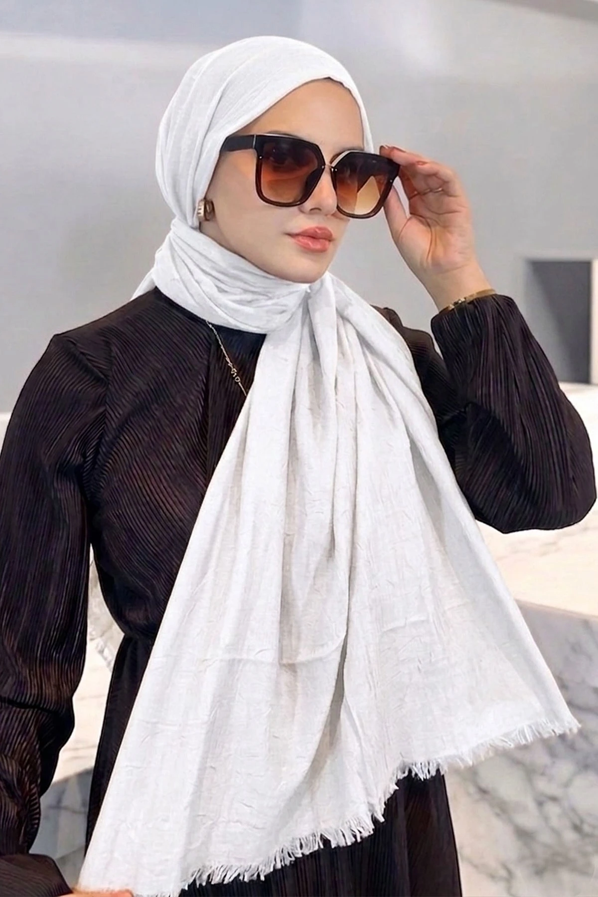 Beyaz 180x70 Cm  Bambu Kraş Düz Desen Şal 460258