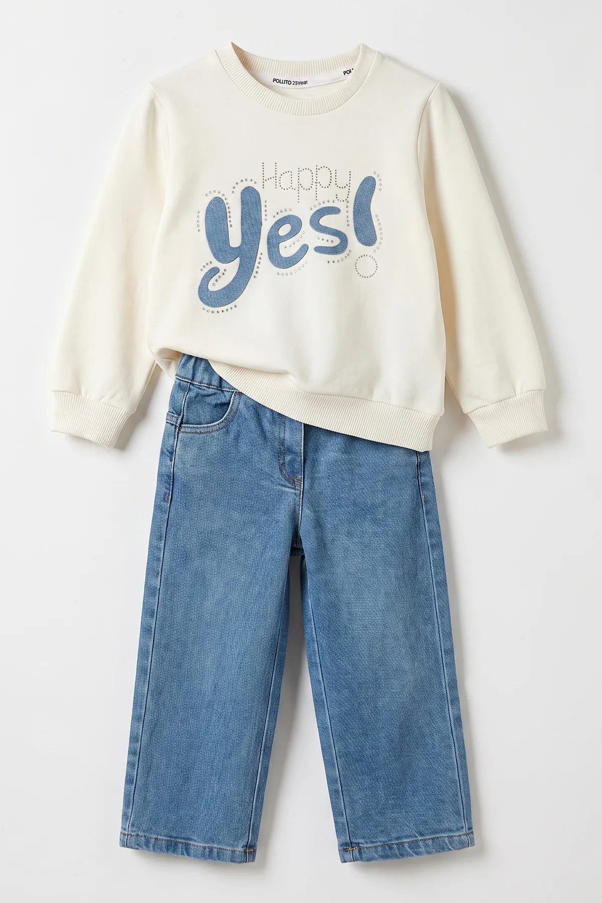 Beyaz (2-10 Yaş) Yes Nakışlı Kot Pantolonlu Kız Çocuk 2'li Takım 480997