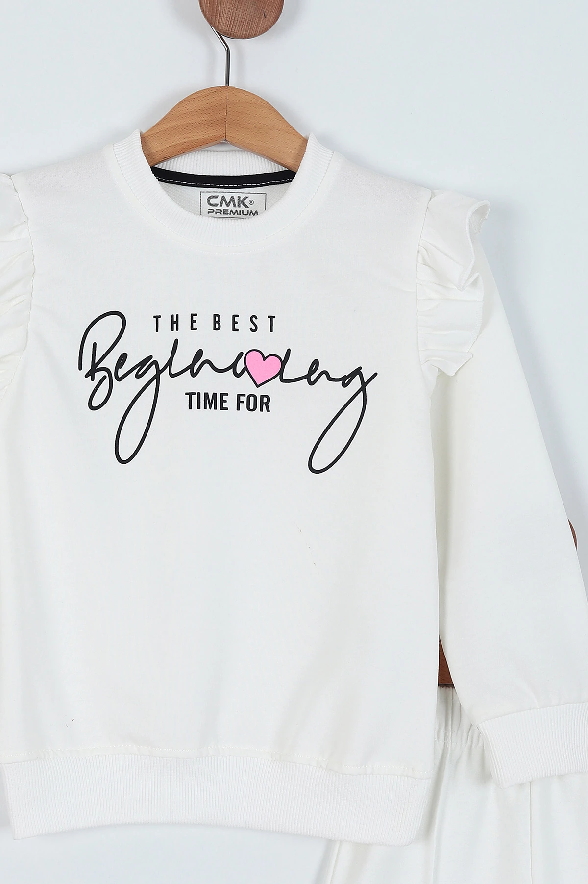 Beyaz (2-11 Yaş) Baskılı Kol Fırfırlı Çimalı Kız Çocuk Takım 229367
