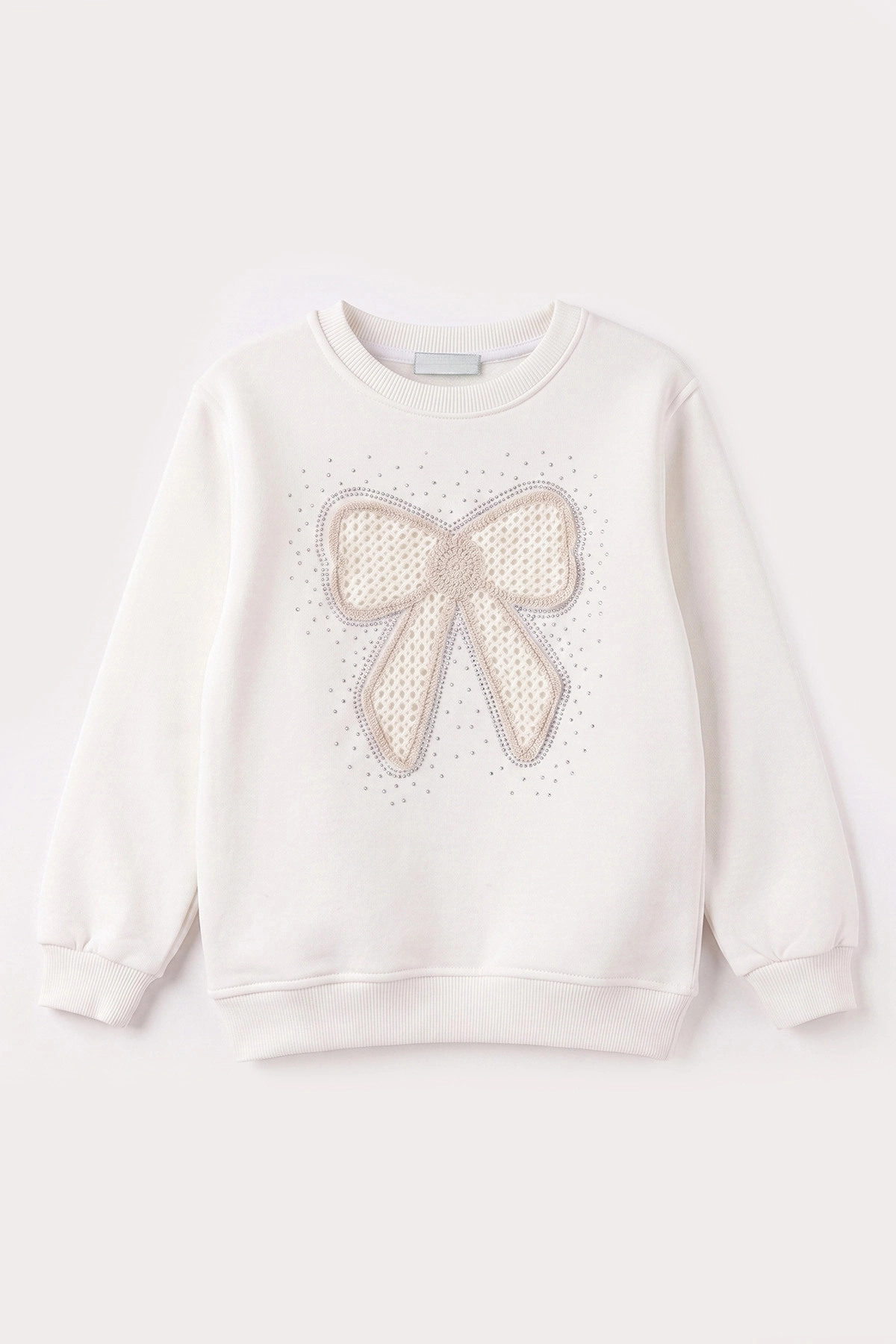 Beyaz (2-12 Yaş) Fiyonk Nakışlı Taşlı  İçi Şardonlu Kız Çocuk Sweatshirt 483283