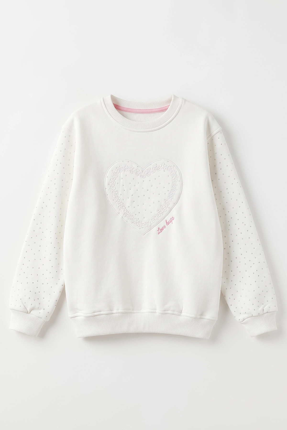 Beyaz (2-12 Yaş) Kalp Nakışlı Taşlı  İçi Şardonlu Kız Çocuk Sweatshirt 493805