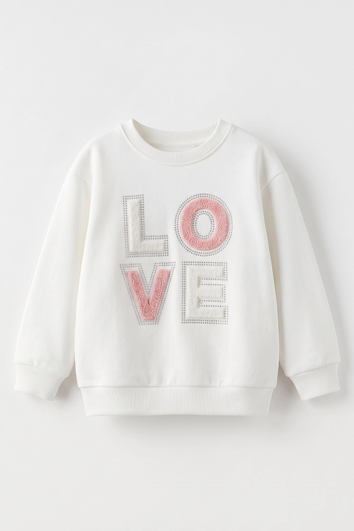 Beyaz (2-7 Yaş) Love Nakışlı Taşlı İçi Şardonlu Kız Çocuk Sweatshirt 493804