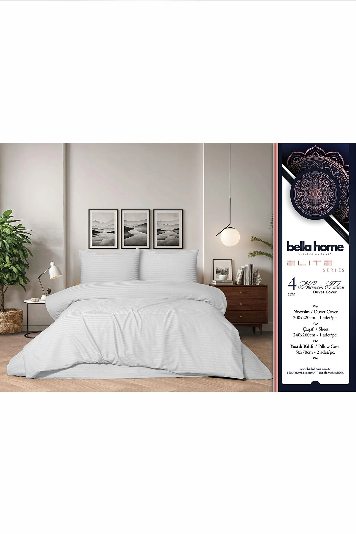 Beyaz 200x220 Cm Bella Home Çift Kişilik Çizgili Saten Nevresim Takımı 446782