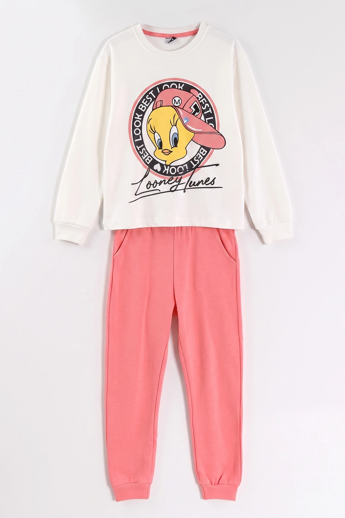 Beyaz (3-11 Yaş) Karakter Baskılı Ribana Kumaş Kız Çocuk Pijama Takımı 477104