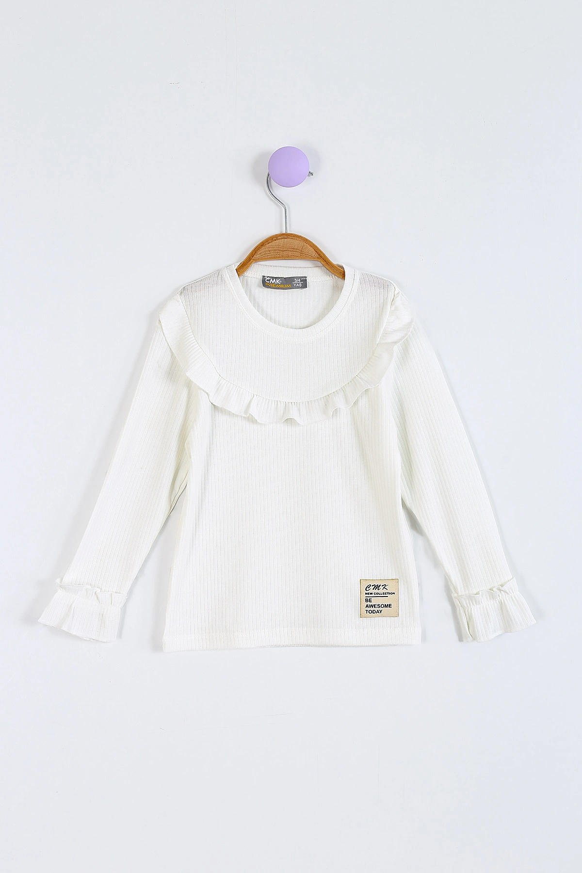 Beyaz (3-11 Yaş) Yaka ve Kol Fırfır Detaylı Kız Çocuk Sweatshirt 297016