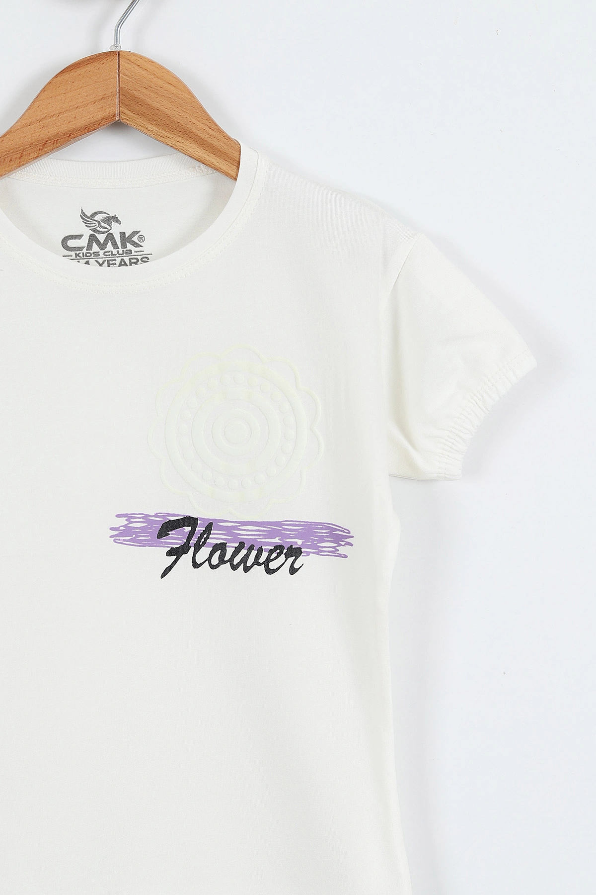 Beyaz (3-12 Yaş) Flower Baskılı Kol Lastikli Kız Çocuk Tişört 354295