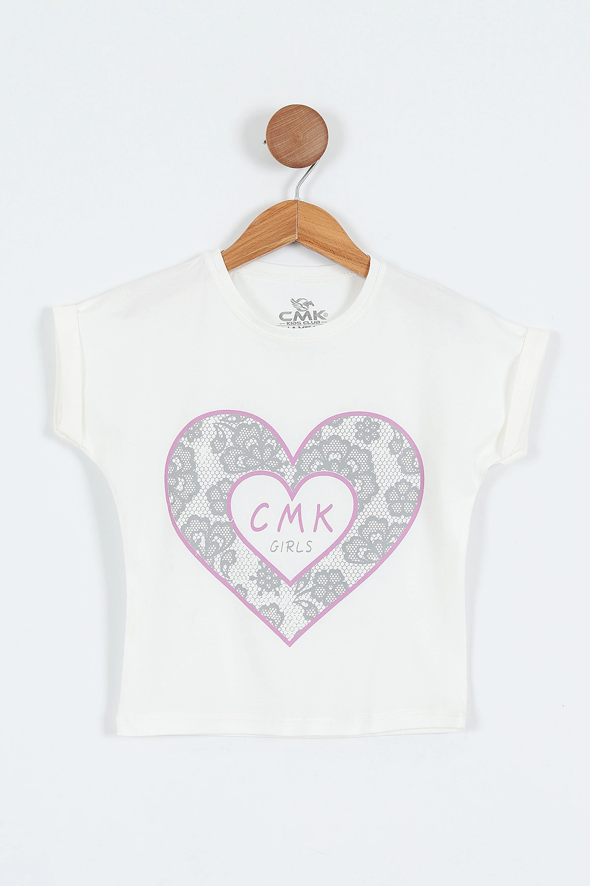 Beyaz (3-12 Yaş)Kalp Baskılı   Kısa Kol   Kız Çocuk Tişört 354335