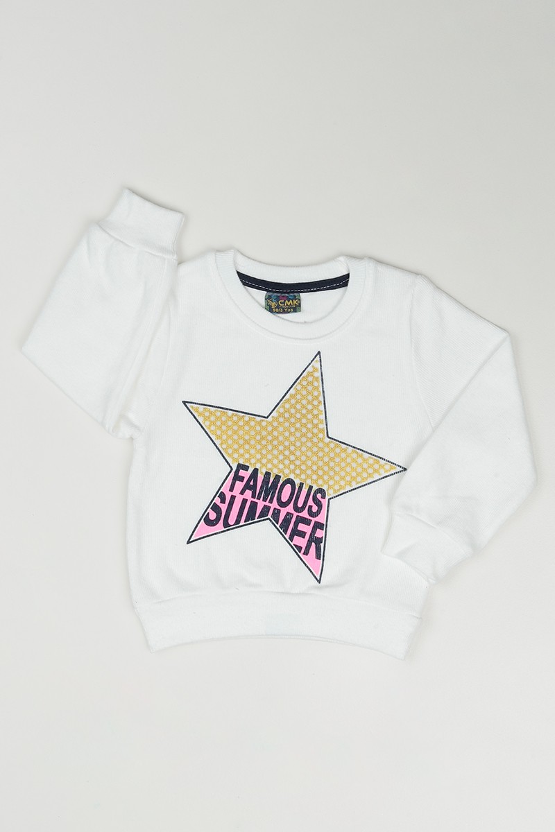 Beyaz (3-7 Yaş) Yıldız Baskılı Kız Çocuk Sweatshirt 84766
