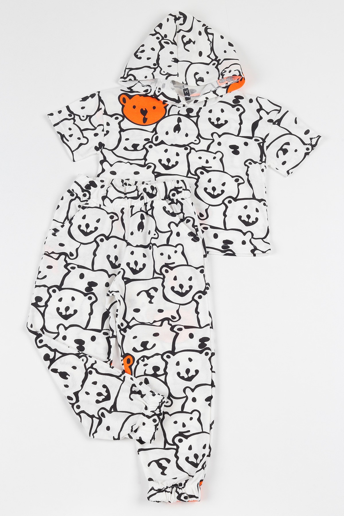 Beyaz (3-8 yaş) Kapüşonlu Karakter Baskılı Kız Çocuk Pijama Takımı 112673