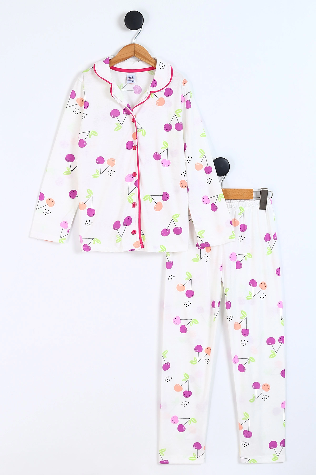 Beyaz (3-8 Yaş) Kiraz Baskılı Ön Düğmeli Kız Çocuk Pijama Takım 337884